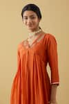 Tashee_Orange Chanderi Embroidery Thread V Neck Gathered Kurta And Pant Set _at_Aza_Fashions