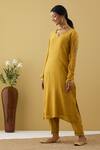 Buy_Tashee_Yellow Chanderi Sequins, Zari Split V-neck Sleeve Embroidered Kurta And Pant Set _Online_at_Aza_Fashions