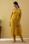 Buy_Tashee_Yellow Chanderi Sequins, Zari Split V-neck Sleeve Embroidered Kurta And Pant Set _at_Aza_Fashions