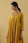 Tashee_Yellow Chanderi Sequins, Beads V-neck Gathered Kurta And Pant Set _Online_at_Aza_Fashions