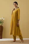 Buy_Tashee_Yellow Chanderi Sequins, Beads V-neck Gathered Kurta And Pant Set _Online_at_Aza_Fashions