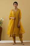 Buy_Tashee_Yellow Chanderi Sequins, Beads, Embroidery V-neck Gathered Kurta Pant Set _at_Aza_Fashions