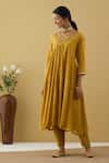 Shop_Tashee_Yellow Chanderi Sequins, Beads, Embroidery V-neck Gathered Kurta Pant Set _at_Aza_Fashions