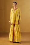 Buy_Shorshe Clothing_Yellow Handloom Tissue Hand Embroidered Floral Mini Saifi Kurta And Sharara Set _at_Aza_Fashions