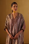 Shorshe Clothing_Wine Kurta Brocade And Handloom Tissue Floral V Neck Shahi Kaftan & Pant Set _Online_at_Aza_Fashions