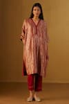 Buy_Shorshe Clothing_Red Kurta Brocade And Handloom Tissue Floral V Shahi Mughal Kaftan & Pant Set _at_Aza_Fashions