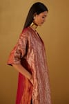 Shop_Shorshe Clothing_Red Kurta Brocade And Handloom Tissue Floral V Shahi Mughal Kaftan & Pant Set _Online_at_Aza_Fashions