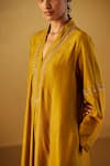 Shorshe Clothing_Yellow Kurta Raw Silk Embroidered Floral V Neck Sashiko _Online_at_Aza_Fashions