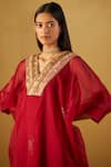 Buy_Shorshe Clothing_Red Kurta Organza Hand Block Print Floral V Neck Waahida Kaftan And Pant Set _Online_at_Aza_Fashions