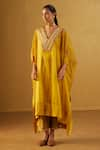 Buy_Shorshe Clothing_Yellow Kurta Organza Hand Block Print Floral V Neck Waahida Kaftan And Pant Set _at_Aza_Fashions