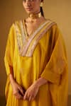 Buy_Shorshe Clothing_Yellow Kurta Organza Hand Block Print Floral V Neck Waahida Kaftan And Pant Set _Online_at_Aza_Fashions