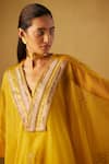 Shorshe Clothing_Yellow Kurta Organza Hand Block Print Floral V Neck Waahida Kaftan And Pant Set _at_Aza_Fashions