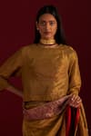 Buy_Shorshe Clothing_Gold Handloom Tissue Plain Round Angrakha Neck Blouse _at_Aza_Fashions