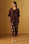 Buy_Shorshe Clothing_Brown Brocade Woven Floral V Neck Kaftan Top And Pant _at_Aza_Fashions