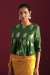 Buy_Shorshe Clothing_Green Brocade Woven Floral Round Empireline Blouse _at_Aza_Fashions