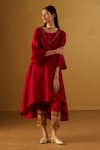 Buy_Shorshe Clothing_Red Kurta And Pant Chanderi Embroidery Mehraab Boat Oonch Neech A-line & Set _at_Aza_Fashions