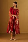 Shorshe Clothing_Red Kurta And Pant Chanderi Embroidery Mehraab Boat Oonch Neech A-line & Set _at_Aza_Fashions