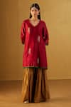 Buy_Shorshe Clothing_Red Chanderi, Handloom Cotton Embroidery Tannu Kurta And Sharara Set _at_Aza_Fashions