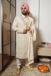 Buy_Soniya G_Ivory Raw Silk Embroidery Blossom Garden Sherwani Set _at_Aza_Fashions