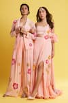 Surily G_Pink Georgette Beads, Sequins Pre-draped Floral Hand Embroidered Saree _Online_at_Aza_Fashions
