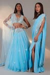 Buy_Surily G_Blue Crepe Mirror Embroidered Pre-draped Saree_Online_at_Aza_Fashions
