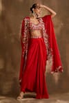 Buy_Niamh By Kriti_Red Silk Crepe And Organza Embroidered Floral Blossom Border Draped Skirt Set _at_Aza_Fashions