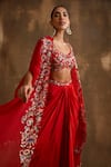 Niamh By Kriti_Red Silk Crepe And Organza Embroidered Floral Blossom Border Draped Skirt Set _at_Aza_Fashions