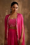 Niamh By Kriti_Pink Georgette Embroidered Mirrorwork Cape Open Embellished Blouse Set _at_Aza_Fashions