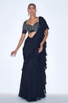 Buy_Niamh By Kriti_Blue Chiffon Embroidered Cutdana Pre Draped Ruffle Saree With Blouse _at_Aza_Fashions