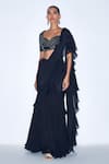 Shop_Niamh By Kriti_Blue Chiffon Embroidered Cutdana Pre Draped Ruffle Saree With Blouse _Online_at_Aza_Fashions