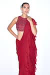 Buy_Niamh By Kriti_Red Chiffon Embroidered Cutdana Ruffle Pre Draped Saree With Blouse _Online_at_Aza_Fashions