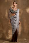 Buy_Niamh By Kriti_Gold Blouse Net Embroidered Cutdana V-neck Textured Pre Draped Saree With _at_Aza_Fashions