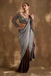 Niamh By Kriti_Gold Blouse Net Embroidered Cutdana V-neck Textured Pre Draped Saree With _Online_at_Aza_Fashions