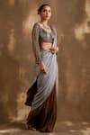 Buy_Niamh By Kriti_Gold Blouse Net Embroidered Cutdana V-neck Textured Pre Draped Saree With _Online_at_Aza_Fashions