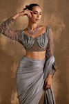 Niamh By Kriti_Gold Blouse Net Embroidered Cutdana V-neck Textured Pre Draped Saree With _at_Aza_Fashions