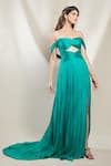 Buy_Brinda Sneha_Green Chinnon Plain Sweetheart Neck Stella Ruched Cut-out Gown _at_Aza_Fashions