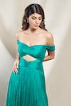 Shop_Brinda Sneha_Green Chinnon Plain Sweetheart Neck Stella Ruched Cut-out Gown _at_Aza_Fashions