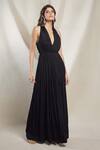 Buy_Brinda Sneha_Black Chinnon Plain Plunge V Neck Valentina Ruched Gown _at_Aza_Fashions