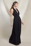 Buy_Brinda Sneha_Black Chinnon Plain Plunge V Neck Valentina Ruched Gown _Online_at_Aza_Fashions