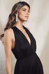 Shop_Brinda Sneha_Black Chinnon Plain Plunge V Neck Valentina Ruched Gown _at_Aza_Fashions