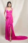 Buy_Brinda Sneha_Pink Chinon Plain Off Shoulder Sweetheart Neck Ana Asymmetric Draped Trail Gown _at_Aza_Fashions