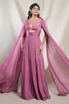 Buy_Brinda Sneha_Purple Chinon Plain Butterfly Neck Isabella Cape Sleeve Gown _at_Aza_Fashions