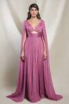 Brinda Sneha_Purple Chinon Plain Butterfly Neck Isabella Cape Sleeve Gown _Online_at_Aza_Fashions