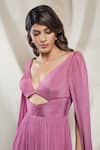 Buy_Brinda Sneha_Purple Chinon Plain Butterfly Neck Isabella Cape Sleeve Gown _Online_at_Aza_Fashions