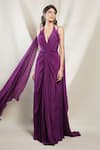 Buy_Brinda Sneha_Purple Chinon Plain Halter Neck Iva Twisted Draped Trail Gown _at_Aza_Fashions