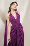 Shop_Brinda Sneha_Purple Chinon Plain Halter Neck Iva Twisted Draped Trail Gown _at_Aza_Fashions