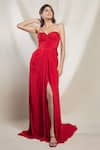 Buy_Brinda Sneha_Red Chinon Plain V Neck Maria High Slit Draped Gown _at_Aza_Fashions