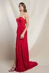 Brinda Sneha_Red Chinon Plain V Neck Maria High Slit Draped Gown _Online_at_Aza_Fashions