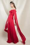 Buy_Brinda Sneha_Red Chinon Plain Off Shoulder Neck Sara Pleated Ruched Gown _Online_at_Aza_Fashions