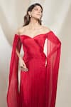 Shop_Brinda Sneha_Red Chinon Plain Off Shoulder Neck Sara Pleated Ruched Gown _at_Aza_Fashions